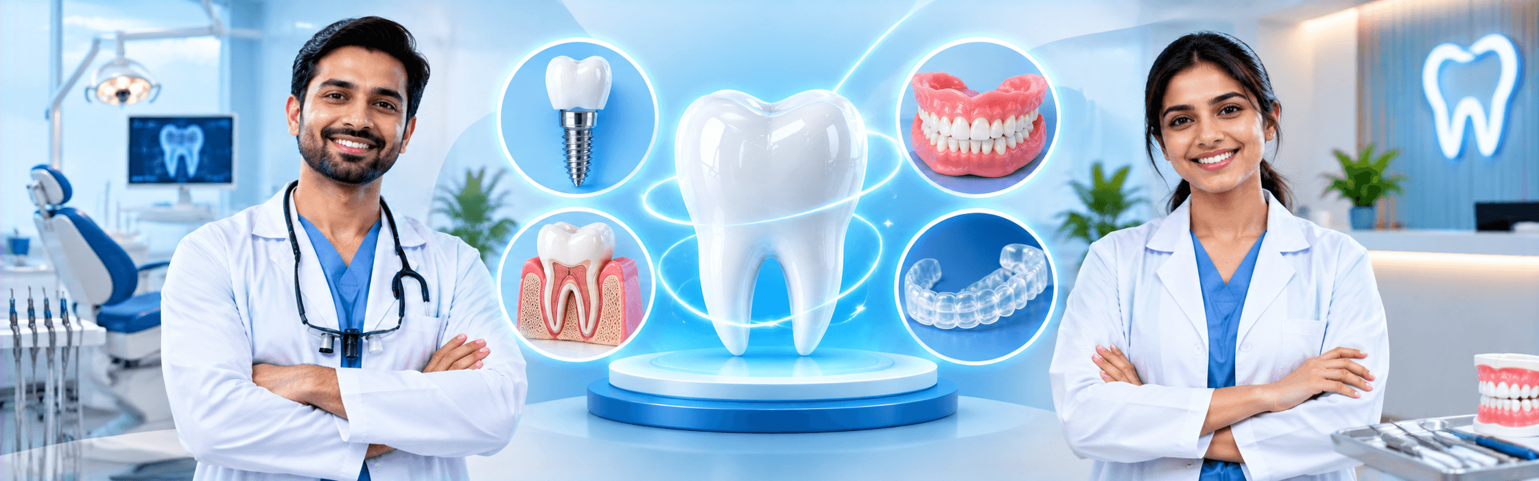 Two dentists standing in a modern dental clinic, beside illustrations of an implant, a root canal, a denture and clear aligners