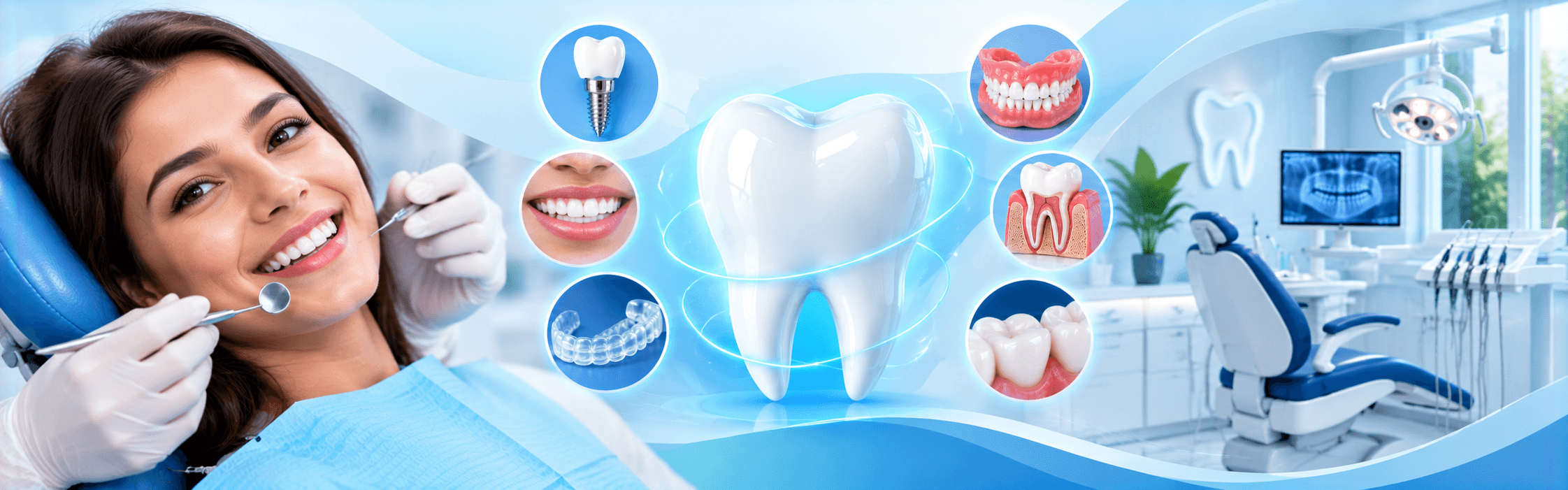 A smiling patient being examined in a dental chair, beside illustrations of an implant, aligners, a denture and a crown
