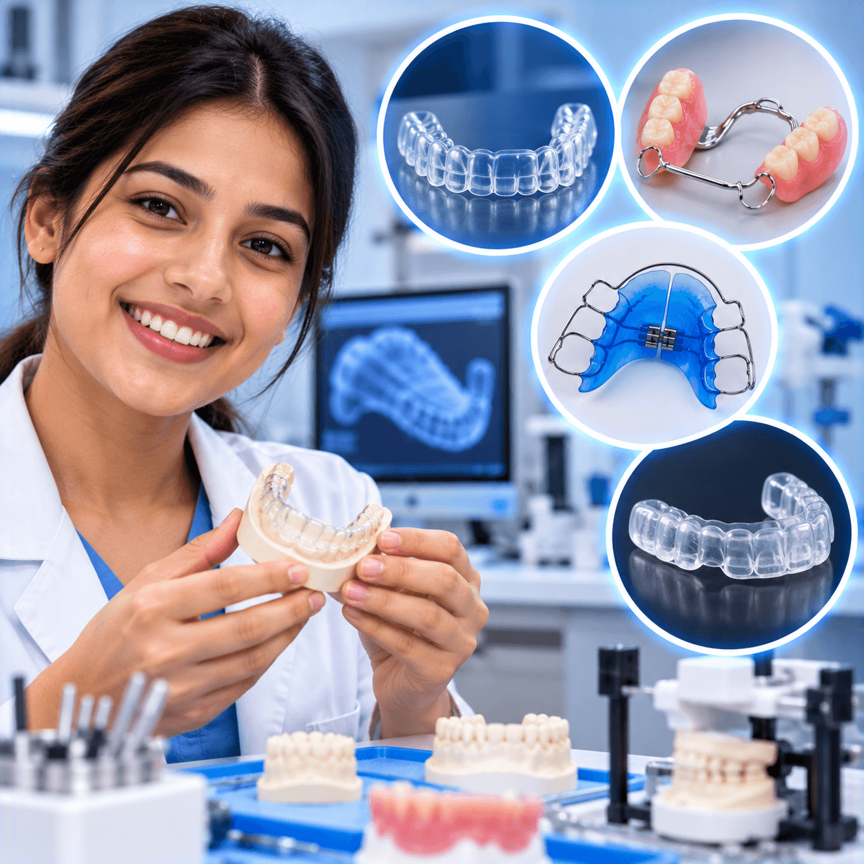 A dental technician in a laboratory holding a clear aligner, beside examples of custom dental appliances