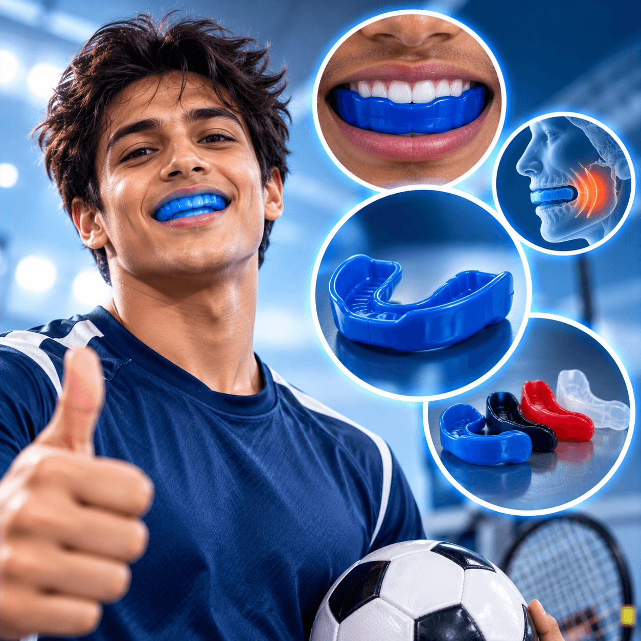 An athlete wearing a custom sports mouthguard, beside examples of mouthguards in several colours